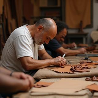 Artesanos trabajando en el taller de Bolsas del Sol