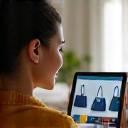 Mujer comprando bolsos en tienda online desde tablet